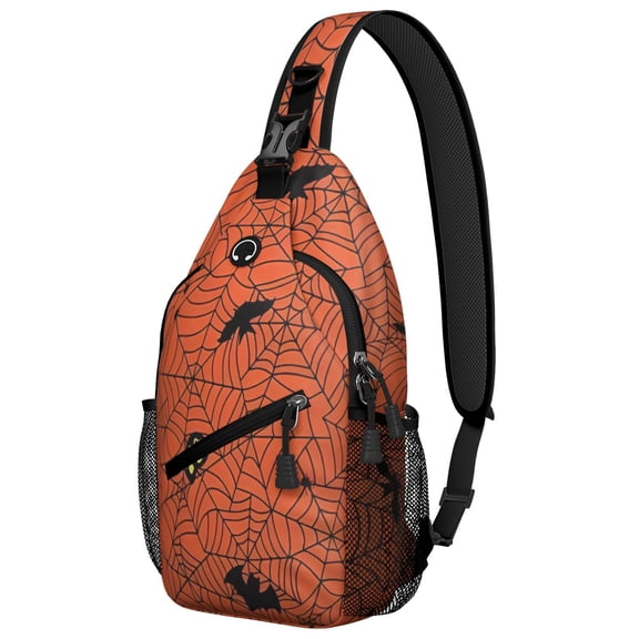 Sling Backpack,Halloween Spider Web Silhouette Pattern Sling Bag with Water Bottle Holder,Waterproof Sling Bag for Men/Women with Headphone Jack for Hiking,Travel