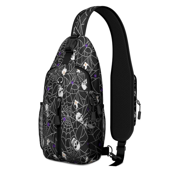 Sling Backpack,Halloween Spider Web and Skulls Pattern Crossbody Bag with Water Bottle Holder,Waterproof Sling Bag for Men/Women with Chest Phone Holder for Hiking,Travel