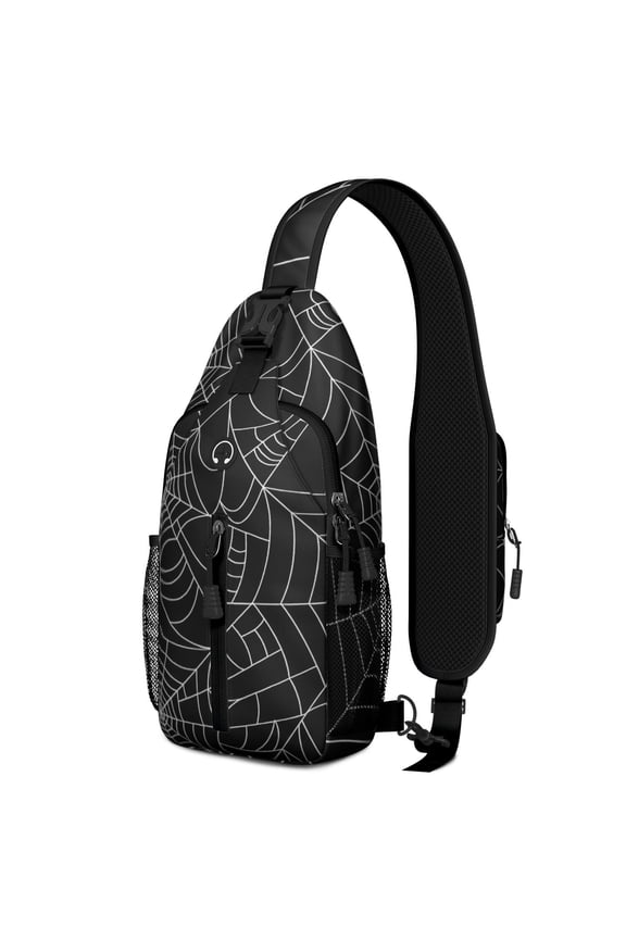 Sling Backpack,Halloween Spider Webs Crossbody Bag with Water Bottle Holder,Waterproof Sling Bag for Men/Women with Chest Phone Holder for Hiking,Travel