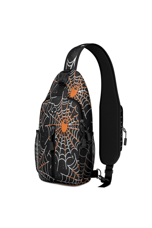 Sling Backpack,Halloween Spider Webs with Orange Spiders Crossbody Bag with Water Bottle Holder,Waterproof Sling Bag for Men/Women with Chest Phone Holder for Hiking,Travel