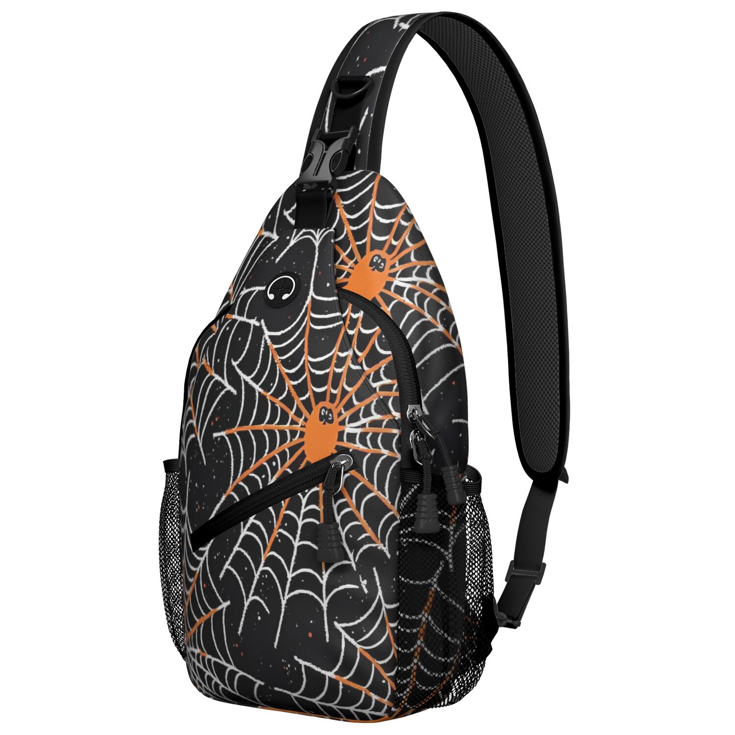 Sling Backpack,Halloween Spider Webs with Orange Spiders Sling Bag with ...