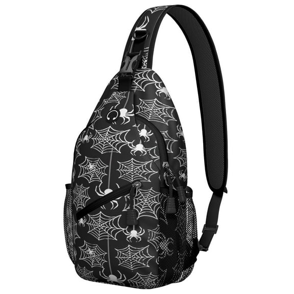 Sling Backpack,Halloween White Spider Webs and Spiders Pattern Sling Bag with Water Bottle Holder,Waterproof Sling Bag for Men/Women with Headphone Jack for Hiking,Travel