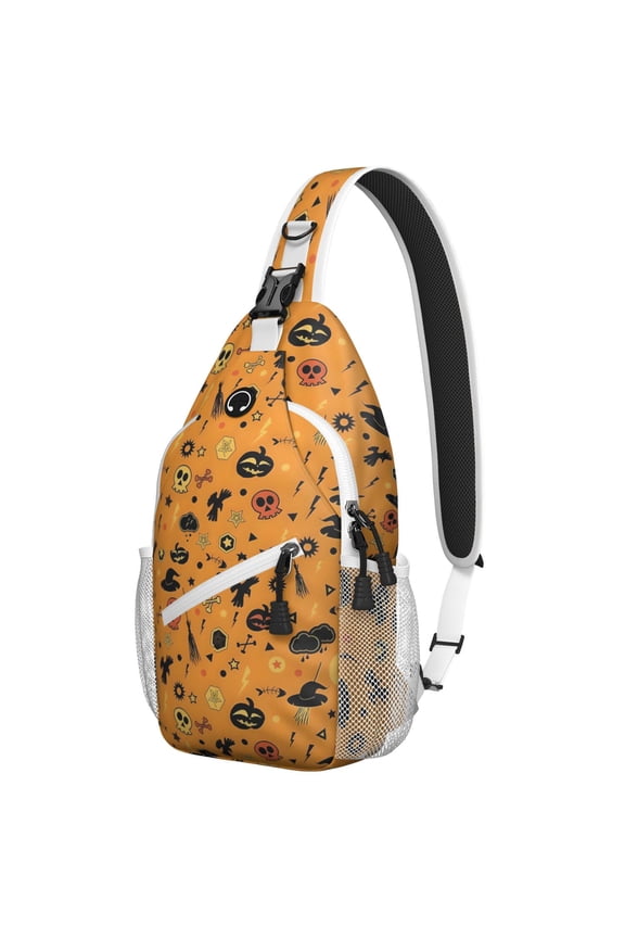 Sling Backpack,Halloween Witch Hat Pattern Sling Bag with Water Bottle Holder,Waterproof Sling Bag for Men/Women with Headphone Jack for Hiking,Travel