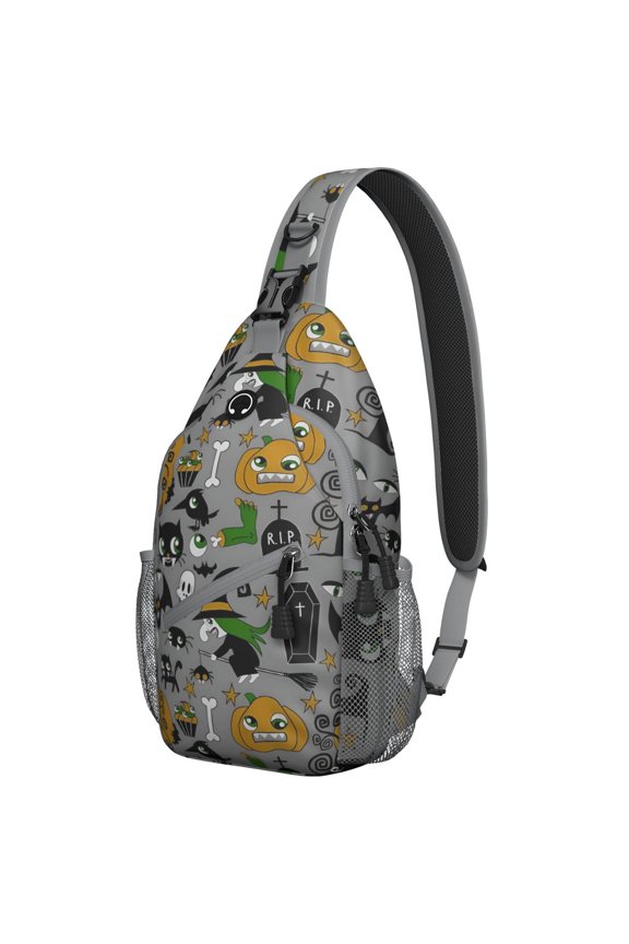 Sling Backpack,Halloween Witch Spooky Icons Pattern Sling Bag with Water Bottle Holder,Waterproof Sling Bag for Men/Women with Headphone Jack for Hiking,Travel