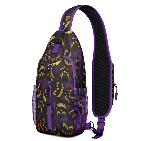 Sling Backpack,Jack Olantern Halloween Pattern Crossbody Bag with Water Bottle Holder,Waterproof Sling Bag for Men/Women with Chest Phone Holder for Hiking,Travel