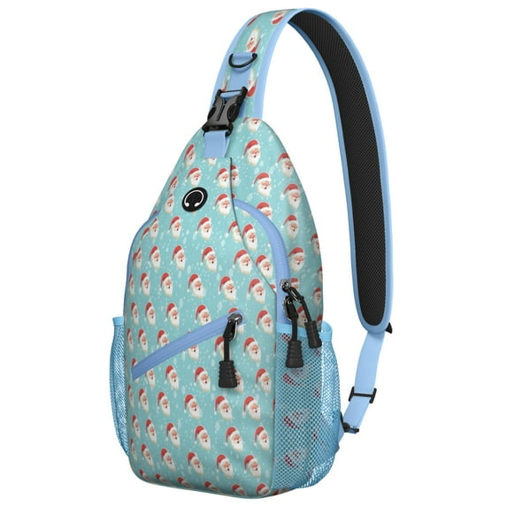 Sling Backpack,Light Blue Christmas Santa Pattern Sling Bag with Water Bottle Holder,Waterproof Sling Bag for Men/Women with Headphone Jack for Hiking,Travel