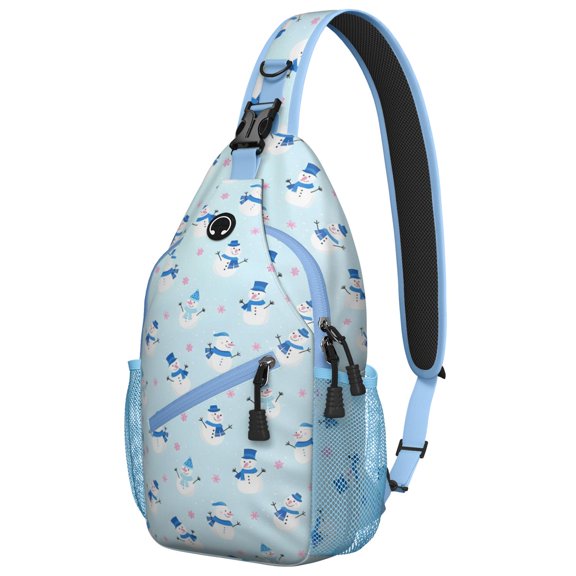 Sling Backpack,Light Blue Christmas Snowman Pattern Sling Bag with Water Bottle Holder,Waterproof Sling Bag for Men/Women with Headphone Jack for Hiking,Travel