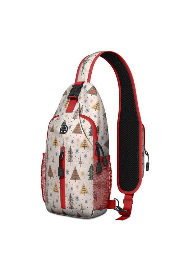 Sling Backpack,Multicolor Christmas Tree Pattern Crossbody Bag with Water Bottle Holder,Waterproof Sling Bag for Men/Women with Chest Phone Holder for Hiking,Travel
