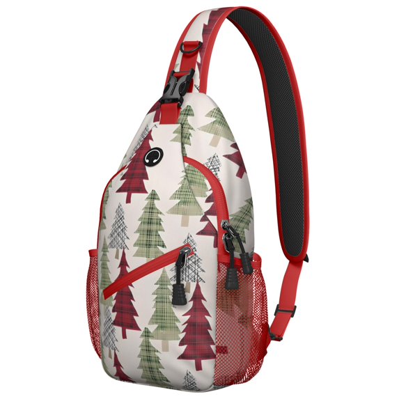 Sling Backpack,Multicolor Christmas Tree Pattern Sling Bag with Water Bottle Holder,Waterproof Sling Bag for Men/Women with Headphone Jack for Hiking,Travel