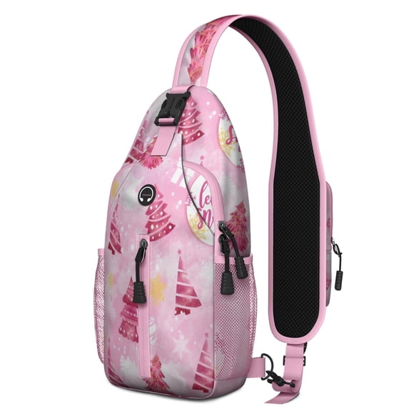 Sling Backpack,Pink Christmas Tree Crossbody Bag with Water Bottle Holder,Waterproof Sling Bag for Men/Women with Chest Phone Holder for Hiking,Travel