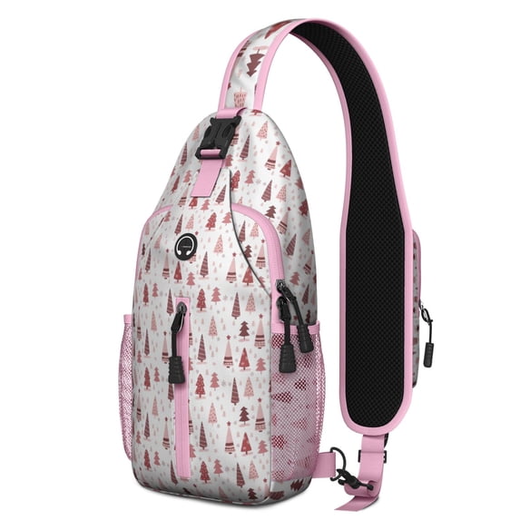 Sling Backpack,Pink Christmas Tree Pattern Crossbody Bag with Water Bottle Holder,Waterproof Sling Bag for Men/Women with Chest Phone Holder for Hiking,Travel
