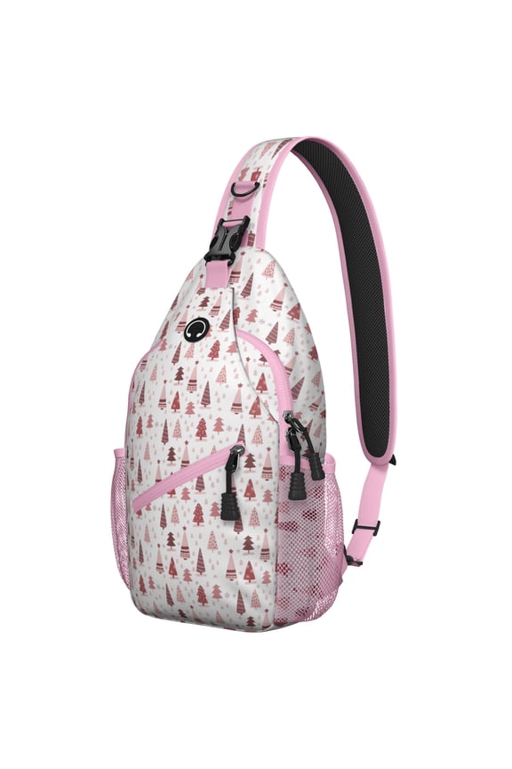 Sling Backpack,Pink Christmas Tree Pattern Sling Bag with Water Bottle Holder,Waterproof Sling Bag for Men/Women with Headphone Jack for Hiking,Travel