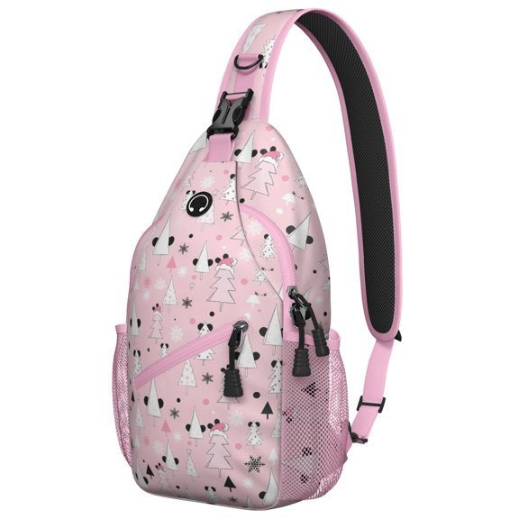 Sling Backpack,Pink Christmas Tree Pattern Sling Bag with Water Bottle Holder,Waterproof Sling Bag for Men/Women with Headphone Jack for Hiking,Travel