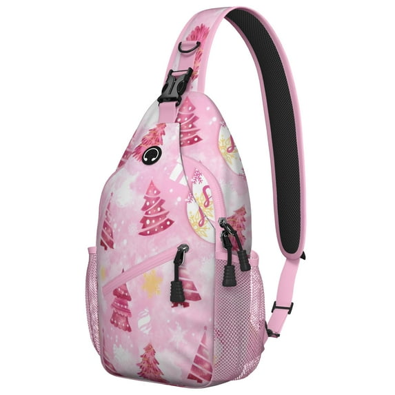 Sling Backpack,Pink Christmas Tree Sling Bag with Water Bottle Holder,Waterproof Sling Bag for Men/Women with Headphone Jack for Hiking,Travel