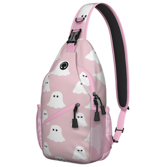 Sling Backpack,Pink Halloween Ghosts Sling Bag with Water Bottle Holder,Waterproof Sling Bag for Men/Women with Headphone Jack for Hiking,Travel