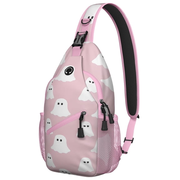 Sling Backpack,Pink Halloween Ghosts Sling Bag with Water Bottle Holder,Waterproof Sling Bag for Men/Women with Headphone Jack for Hiking,Travel