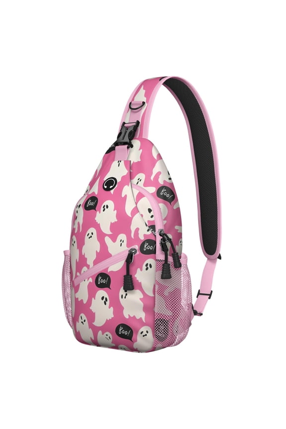 Sling Backpack,Playful Halloween Ghosts Pattern Sling Bag with Water Bottle Holder,Waterproof Sling Bag for Men/Women with Headphone Jack for Hiking,Travel