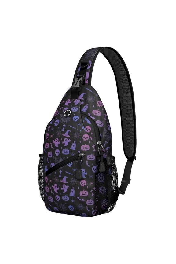 Sling Backpack,Purple Halloween Ghost Pumpkin Skull Pattern Sling Bag with Water Bottle Holder,Waterproof Sling Bag for Men/Women with Headphone Jack for Hiking,Travel