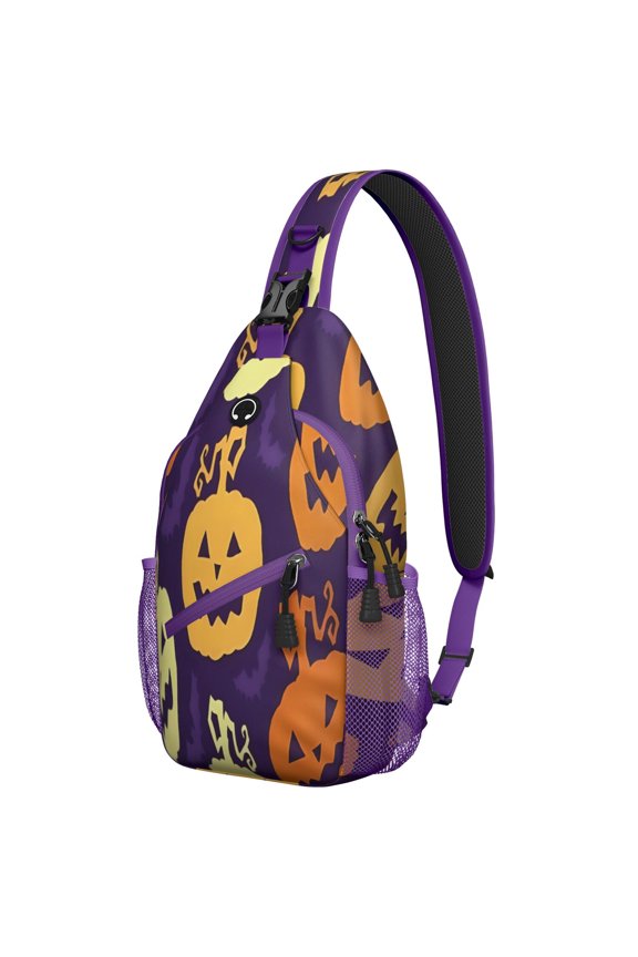 Sling Backpack,Purple Halloween Jack Lanterns Sling Bag with Water Bottle Holder,Waterproof Sling Bag for Men/Women with Headphone Jack for Hiking,Travel
