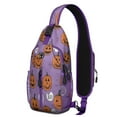 thumbnail image 1 of Sling Backpack,Purple Halloween Pumpkins with Boo Crossbody Bag with Water Bottle Holder,Waterproof Sling Bag for Men/Women with Chest Phone Holder for Hiking,Travel, 1 of 6