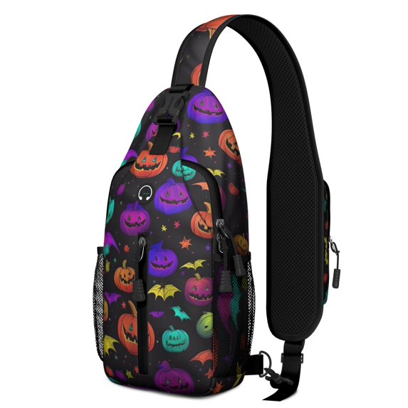 Sling Backpack,Rainbow Halloween Pumpkins Pattern Crossbody Bag with Water Bottle Holder,Waterproof Sling Bag for Men/Women with Chest Phone Holder for Hiking,Travel