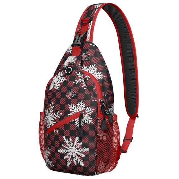 Sling Backpack,Red and Black Checkered Christmas Snowflake Pattern Sling Bag with Water Bottle Holder,Waterproof Sling Bag for Men/Women with Headphone Jack for Hiking,Travel
