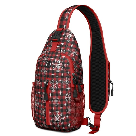 Sling Backpack,Red and Black Christmas Snowflake Pattern Crossbody Bag with Water Bottle Holder,Waterproof Sling Bag for Men/Women with Chest Phone Holder for Hiking,Travel