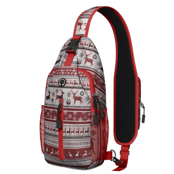 Sling Backpack,Red Christmas Deer and Snowflake Pattern Crossbody Bag with Water Bottle Holder,Waterproof Sling Bag for Men/Women with Chest Phone Holder for Hiking,Travel