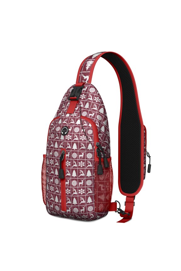 Sling Backpack,Red Christmas Deer and Tree Pattern Crossbody Bag with Water Bottle Holder,Waterproof Sling Bag for Men/Women with Chest Phone Holder for Hiking,Travel