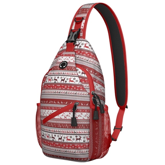 Sling Backpack,Red Christmas Folk Pattern Sling Bag with Water Bottle Holder,Waterproof Sling Bag for Men/Women with Headphone Jack for Hiking,Travel
