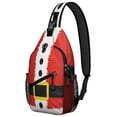 thumbnail image 1 of Sling Backpack,Red Christmas Santa Costume Pattern Sling Bag with Water Bottle Holder,Waterproof Sling Bag for Men/Women with Headphone Jack for Hiking,Travel, 1 of 6