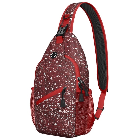 Sling Backpack,Red Christmas Snow Pattern Sling Bag with Water Bottle Holder,Waterproof Sling Bag for Men/Women with Headphone Jack for Hiking,Travel