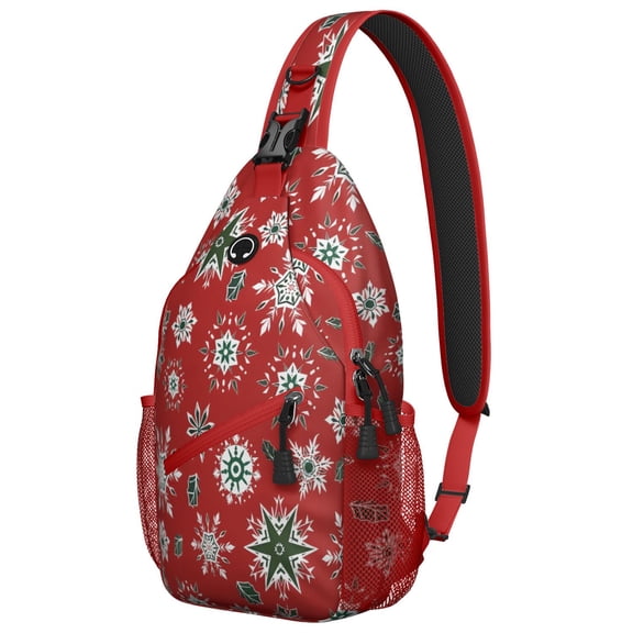 Sling Backpack,Red Christmas Snowflake Pattern Sling Bag with Water Bottle Holder,Waterproof Sling Bag for Men/Women with Headphone Jack for Hiking,Travel