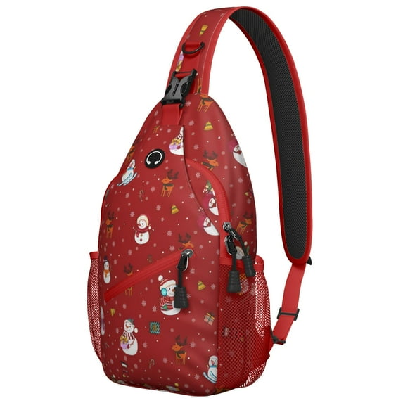 Sling Backpack,Red Christmas Snowman Pattern Sling Bag with Water Bottle Holder,Waterproof Sling Bag for Men/Women with Headphone Jack for Hiking,Travel