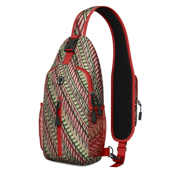 Sling Backpack,Red and Green Christmas Striped Pattern Crossbody Bag with Water Bottle Holder,Waterproof Sling Bag for Men/Women with Chest Phone Holder for Hiking,Travel