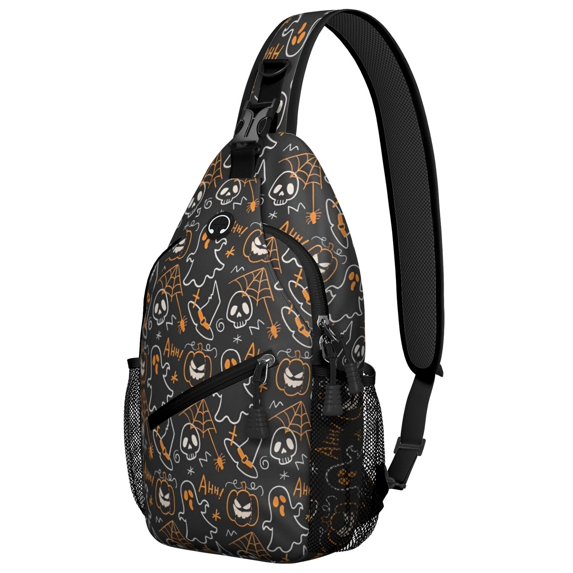 Sling Backpack,Spooky Halloween Pattern Sling Bag with Water Bottle Holder,Waterproof Sling Bag for Men/Women with Headphone Jack for Hiking,Travel