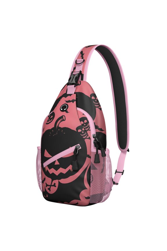 Sling Backpack,Spooky Halloween Silhouette Pattern Sling Bag with Water Bottle Holder,Waterproof Sling Bag for Men/Women with Headphone Jack for Hiking,Travel