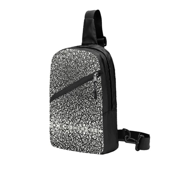 Sling Backpack Travel Hiking Daypack Black Scribbles Pattern Foldable Crossbody Shoulder Bag
