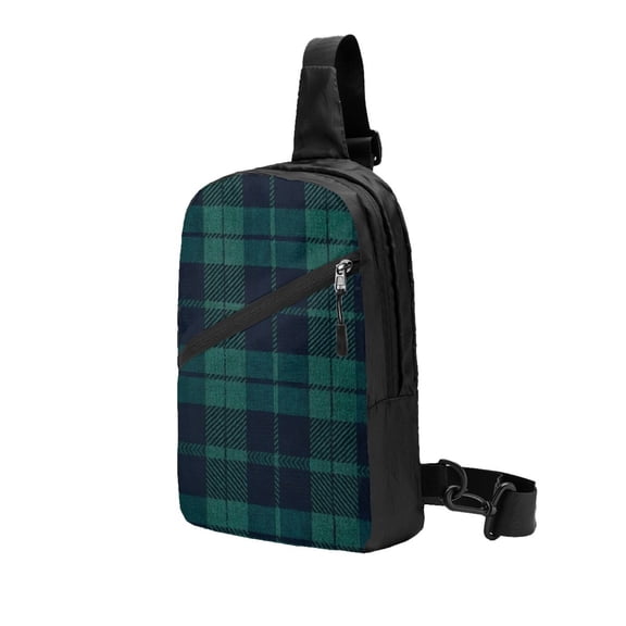 Sling Backpack Travel Hiking Daypack Deep Blue & Green Plaid Foldable Crossbody Shoulder Bag