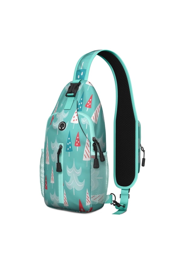 Sling Backpack,Turquoise Christmas Tree Pattern Crossbody Bag with Water Bottle Holder,Waterproof Sling Bag for Men/Women with Chest Phone Holder for Hiking,Travel