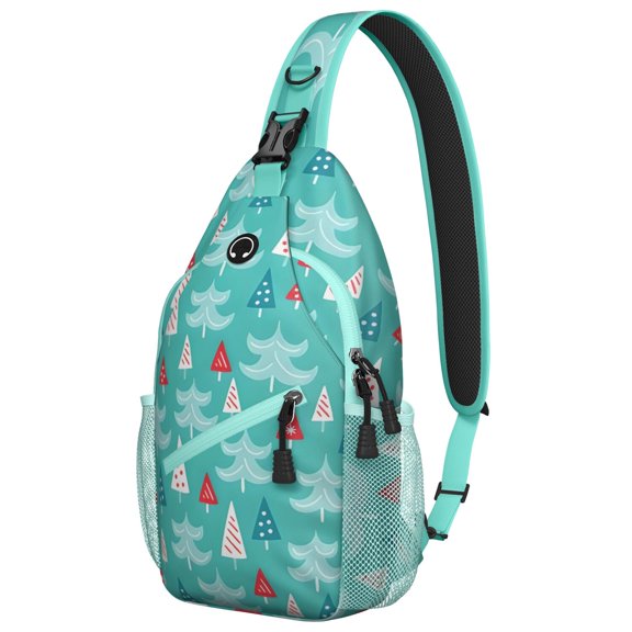 Sling Backpack,Turquoise Christmas Tree Pattern Sling Bag with Water Bottle Holder,Waterproof Sling Bag for Men/Women with Headphone Jack for Hiking,Travel