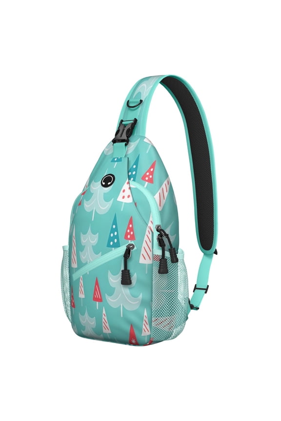 Sling Backpack,Turquoise Christmas Tree Pattern Sling Bag with Water Bottle Holder,Waterproof Sling Bag for Men/Women with Headphone Jack for Hiking,Travel