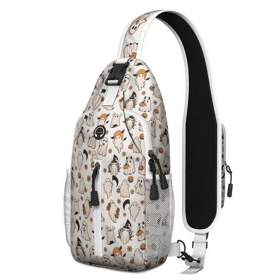 Sling Backpack,Vintage Ghost Halloween Pattern Crossbody Bag with Water Bottle Holder,Waterproof Sling Bag for Men/Women with Chest Phone Holder for Hiking,Travel