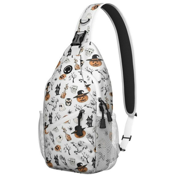 Sling Backpack,Vintage Halloween Pattern Sling Bag with Water Bottle Holder,Waterproof Sling Bag for Men/Women with Headphone Jack for Hiking,Travel