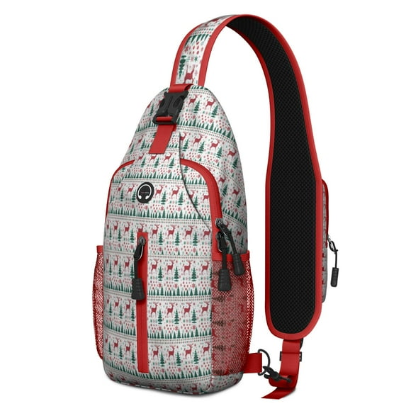 Sling Backpack,White Christmas Deer and Tree Pattern Crossbody Bag with Water Bottle Holder,Waterproof Sling Bag for Men/Women with Chest Phone Holder for Hiking,Travel