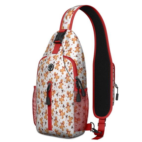 Sling Backpack,White Christmas Gingerbread Man Pattern Crossbody Bag with Water Bottle Holder,Waterproof Sling Bag for Men/Women with Chest Phone Holder for Hiking,Travel