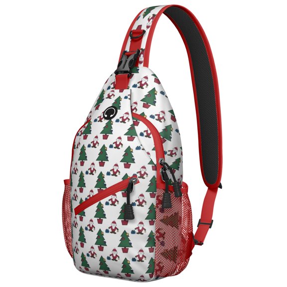 Sling Backpack,White Christmas Santa and Tree Pattern Sling Bag with Water Bottle Holder,Waterproof Sling Bag for Men/Women with Headphone Jack for Hiking,Travel