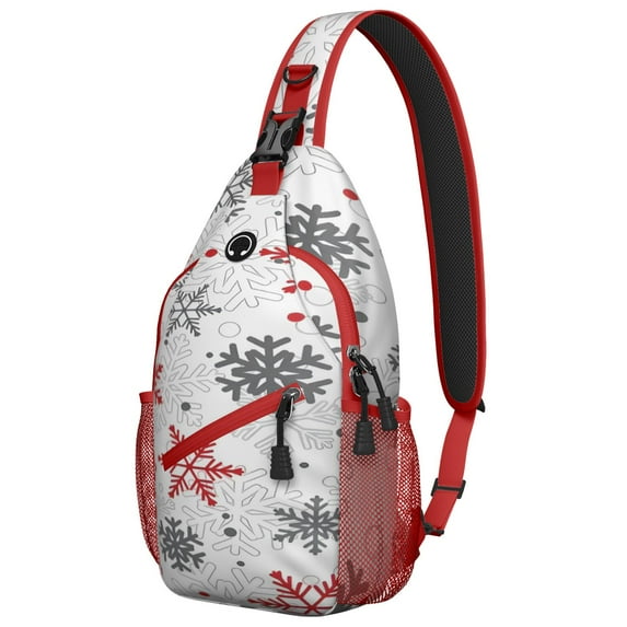 Sling Backpack,White Christmas Snowflake Pattern Sling Bag with Water Bottle Holder,Waterproof Sling Bag for Men/Women with Headphone Jack for Hiking,Travel