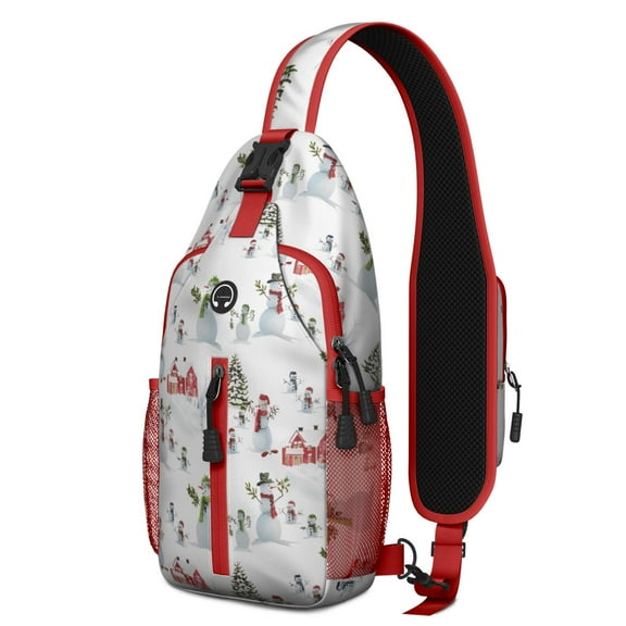 Sling Backpack,White Christmas Snowman Pattern Crossbody Bag with Water Bottle Holder,Waterproof Sling Bag for Men/Women with Chest Phone Holder for Hiking,Travel