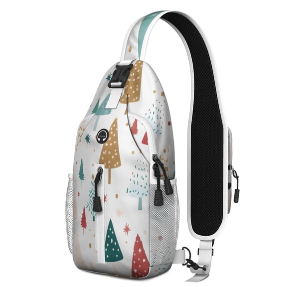 Sling Backpack,White Christmas Tree Pattern Crossbody Bag with Water Bottle Holder,Waterproof Sling Bag for Men/Women with Chest Phone Holder for Hiking,Travel